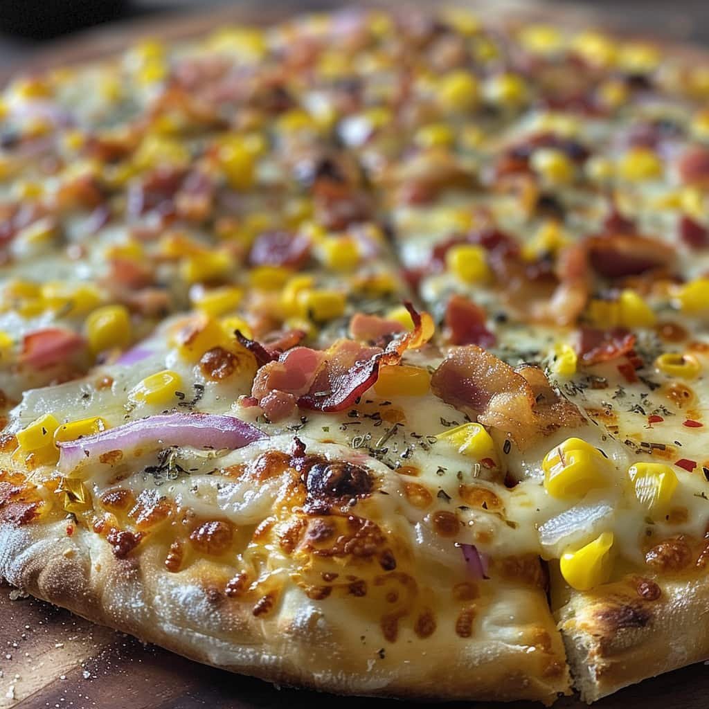 pizza de queso, bacon, maíz 
