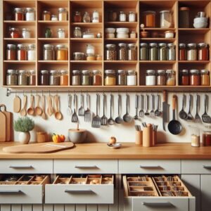 Vista de una cocina bien organizada con estantes flotantes llenos de frascos de especias, cajones abiertos mostrando organizadores con utensilios ordenados, y ganchos en la pared sosteniendo cucharones y espátulas.