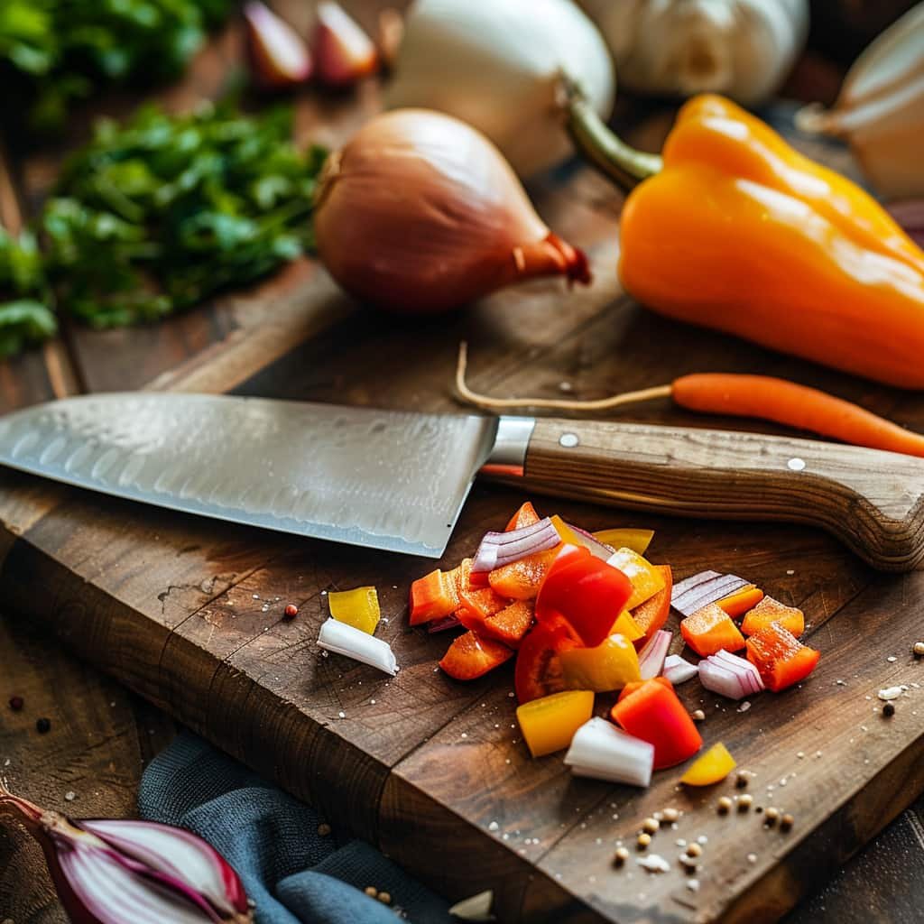 cuchillo de chef sobre tabla de cortar