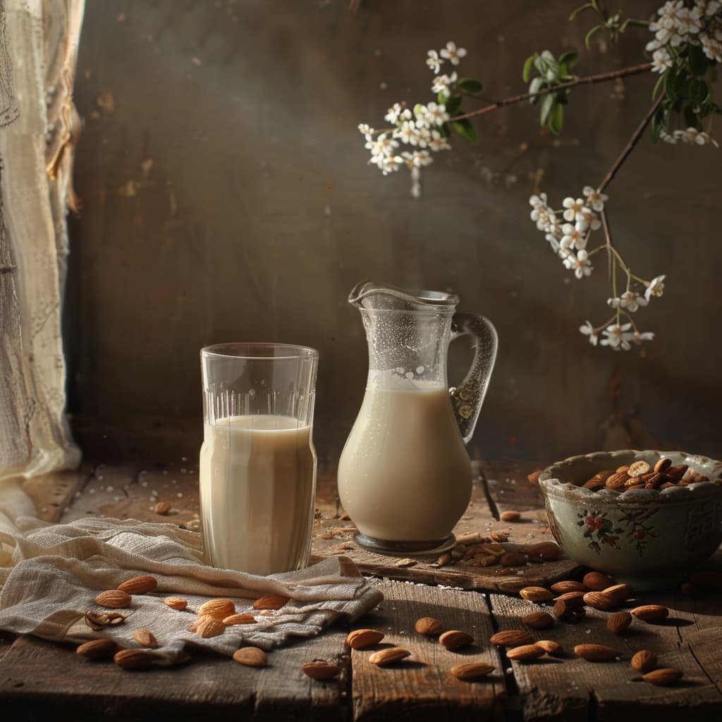 vaso de leches vegetales, leche de almendras