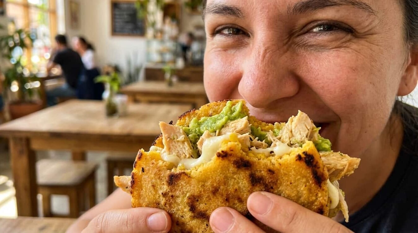 person comiendo arepa