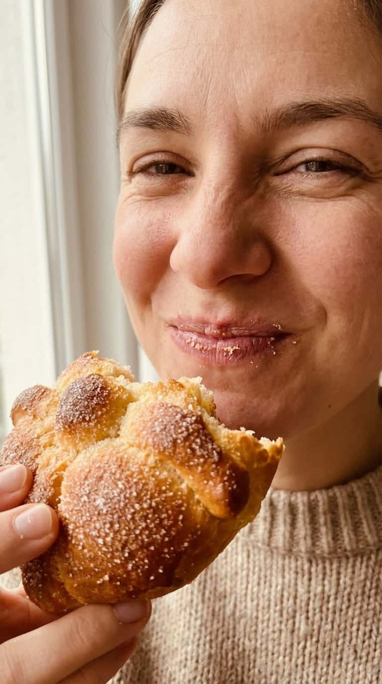Persona comiendo pan de muerto mexicano