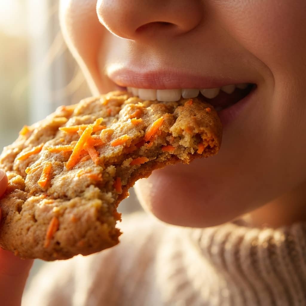 persona sonriendo mientras muerde una deliciosa galleta de zanahoria