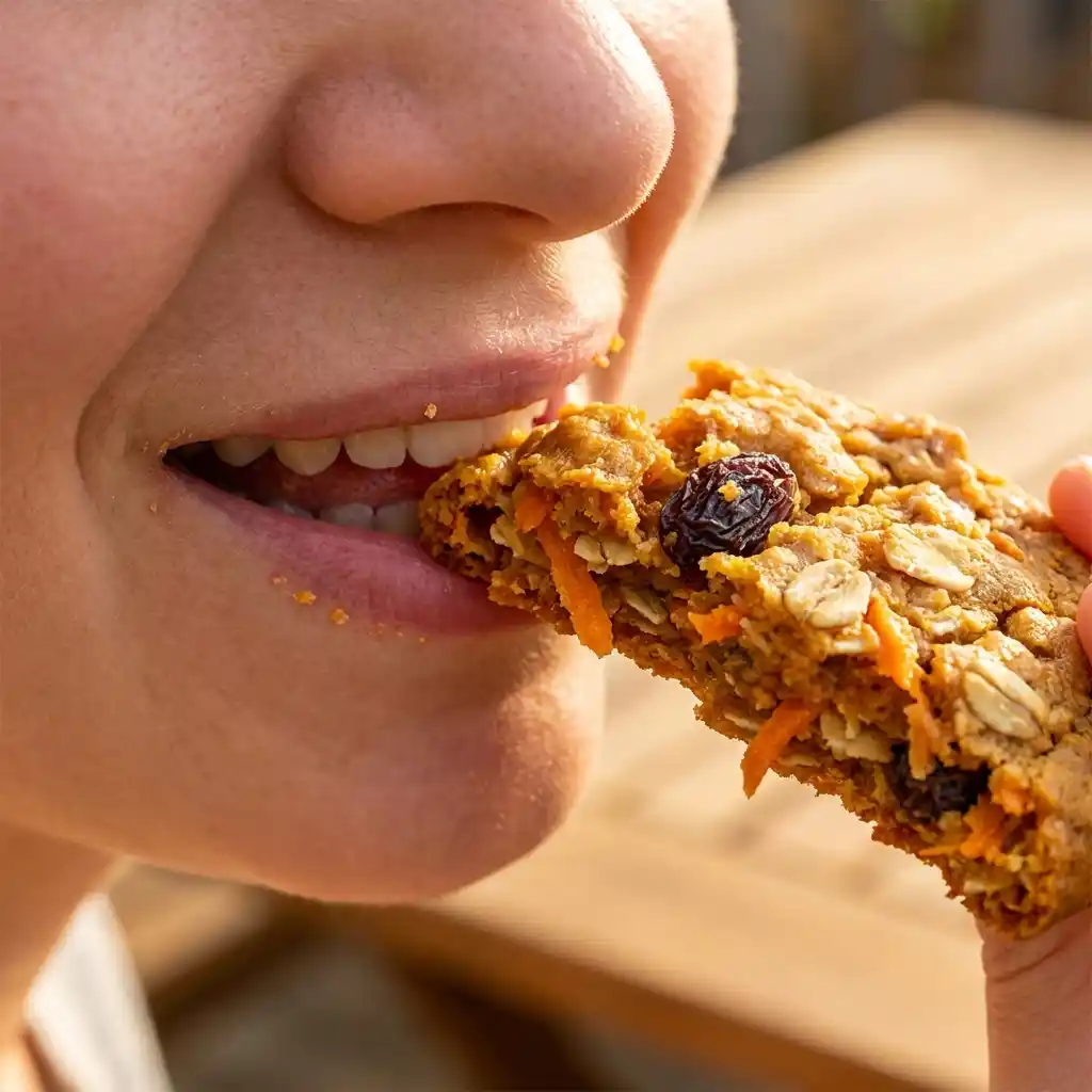 persona sonriendo mientras muerde una deliciosa galleta de zanahoria avena y pasas
