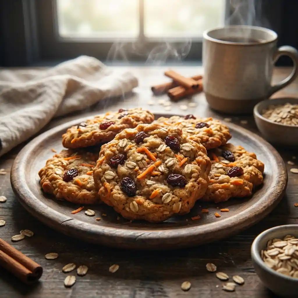 galletas de zanahoria avena y pasas recien horneadas en un plato rustico