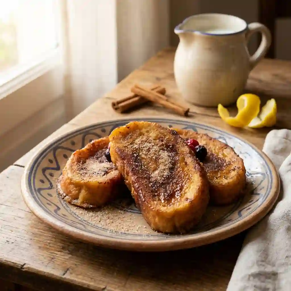 torrijas tradicionales de leche caseras recien hechas en un plato rustico con canela