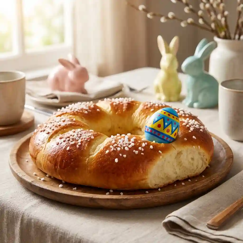 mona de pascua tradicional recien horneada con huevo duro en un plato rustico