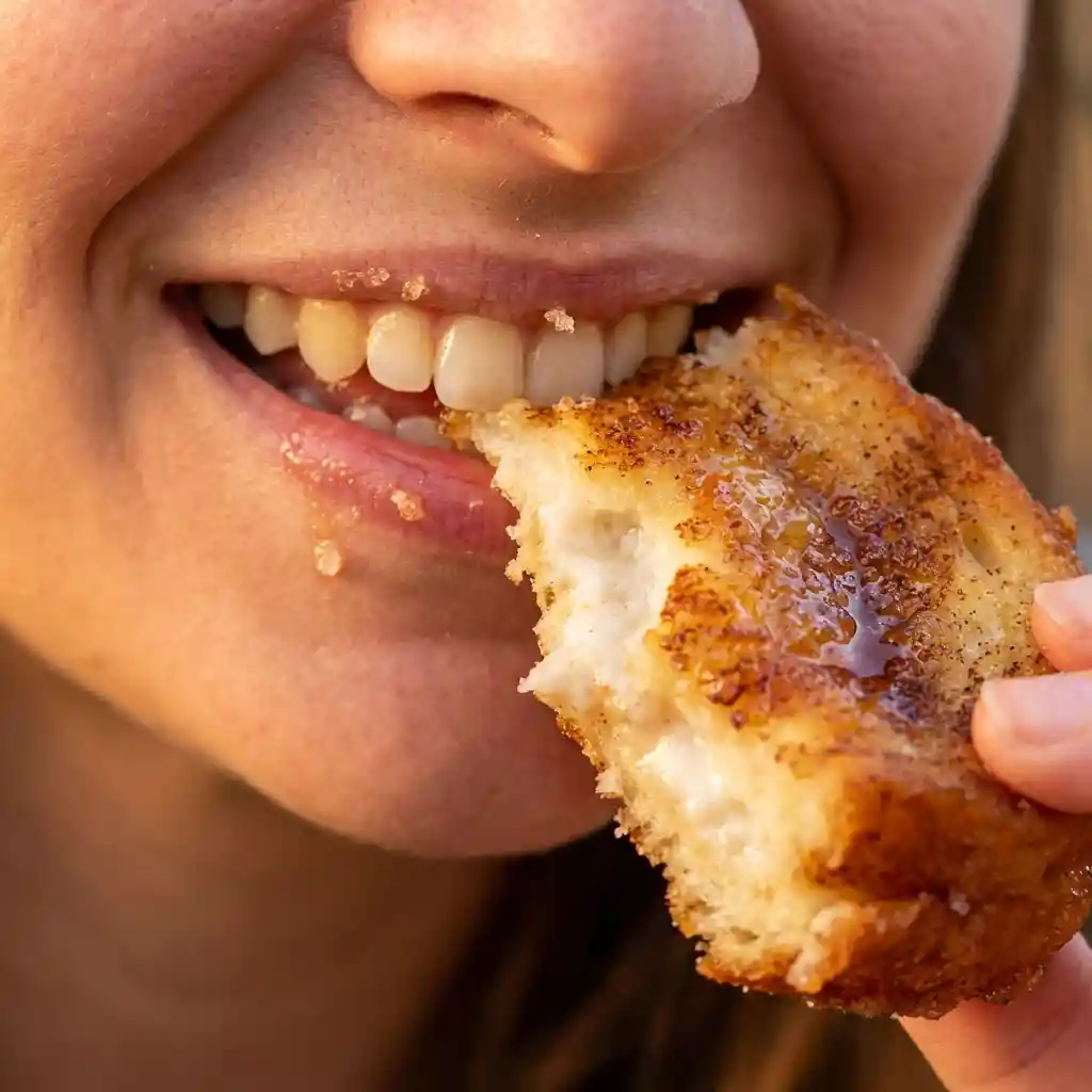 persona sonriendo mientras muerde una torrija tradicional muy jugosa y tierna